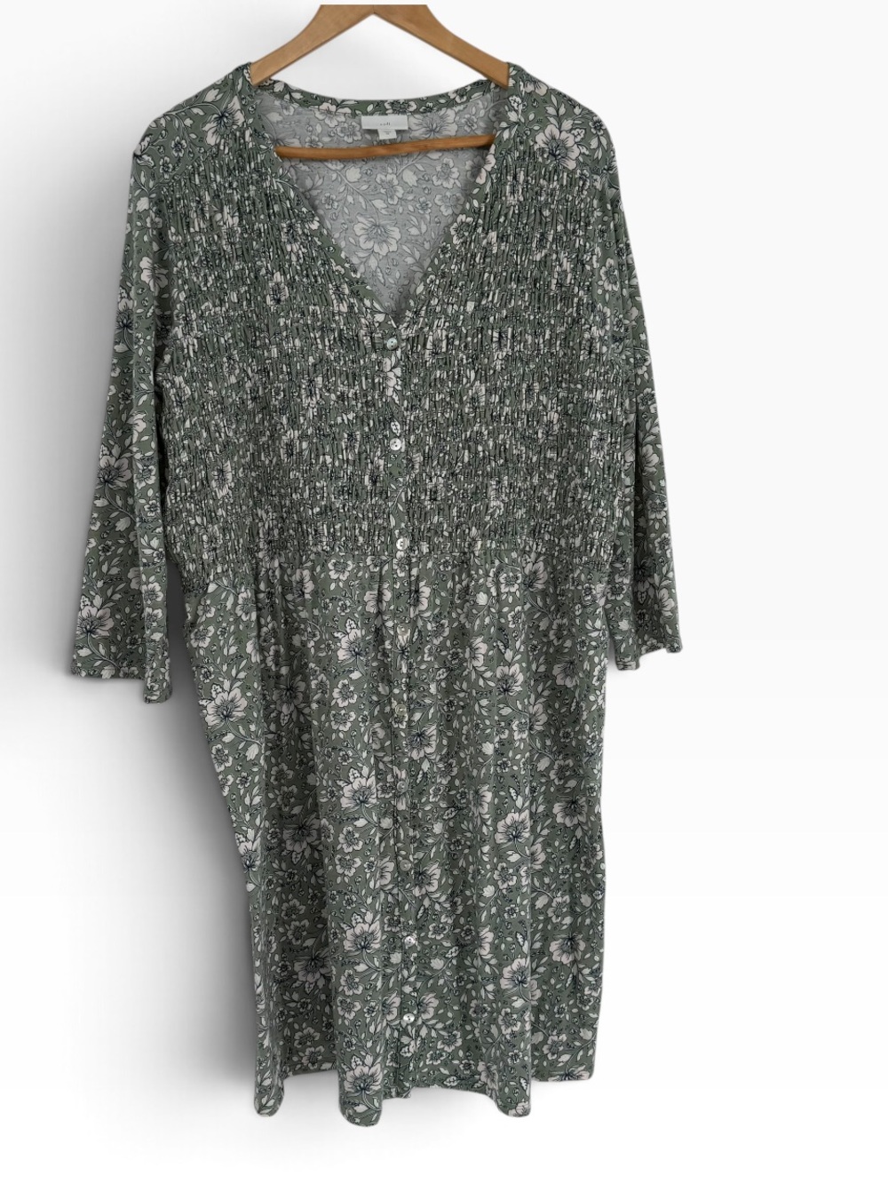 J.Jill Green Floral Button Front Pintuck Midi Dress Womens 2X Plus 3/4 Sleeve